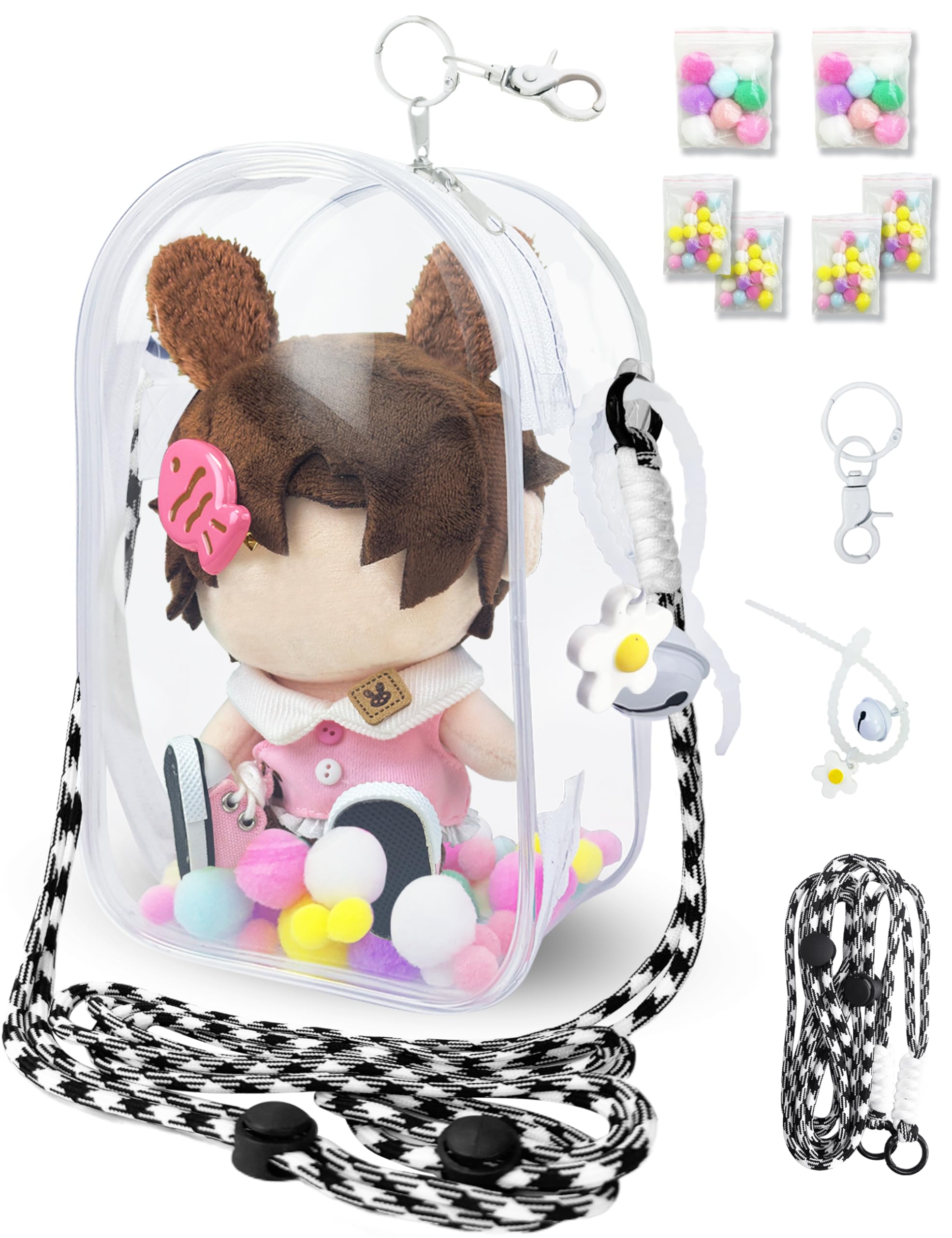 Photo 1 of 5Pcs Clear Protective Case Cover Bag for 15cm/ 17cm Dolls Accessories, with Keychain Crossbody, Clear Figure Display Bag PVC for Carrying Case Purse 7” (White)