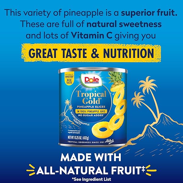 DOLE CANNED FRUIT, TROPICAL GOLD PINEAPPLE SLICES IN 100% PINEAPPLE JUICE, GLUTEN FREE, PANTRY STAPLES, NO SUGAR ADDED, 15.25 OZ