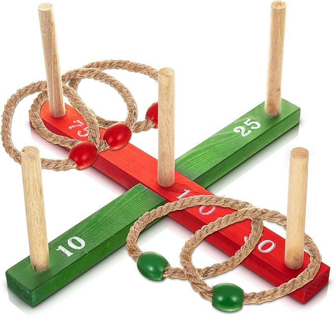Hillington Garden Outdoor Rope Quoits and Wooden Pegs Hoopla Throwing Game, Natural Timber Board