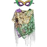 Fumwase Mardi Gras Shawl Scarf Costume Masquerade Party Favor Accessories Glitter Tri-colors Mask for Women
