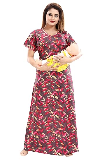 Women's Gold Leaf Print Feeding/Maternity Cotton Nighty/Night Gown(Size:Free Length:55