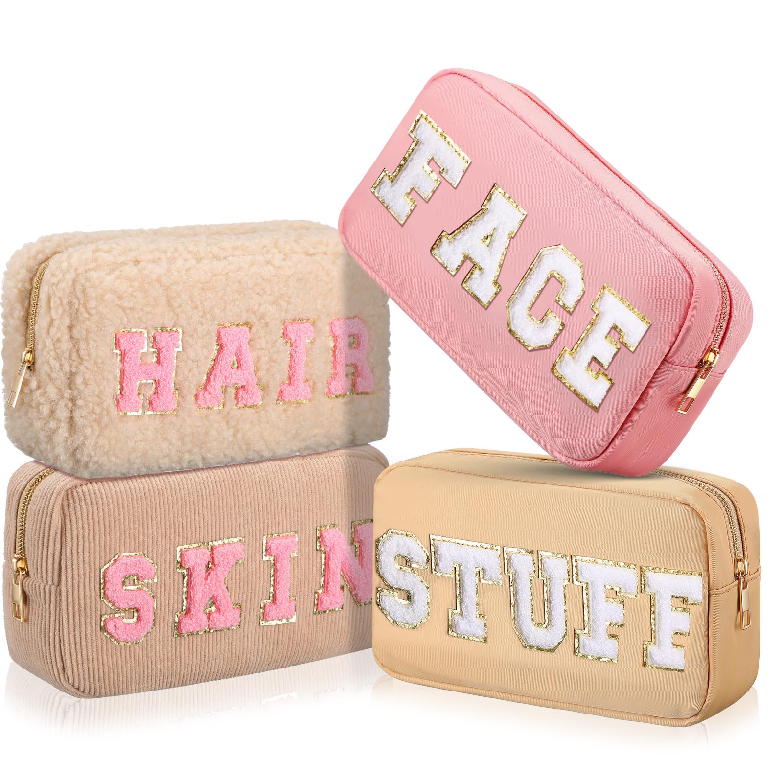 Kajaia 4 Pcs Nylon Chenille Letter Bag Pouches Cosmetic Makeup Toiletry Bag Cute Makeup Bags for Women Travel Zipper Preppy Pouch for Teens Girls Women, Simple Color