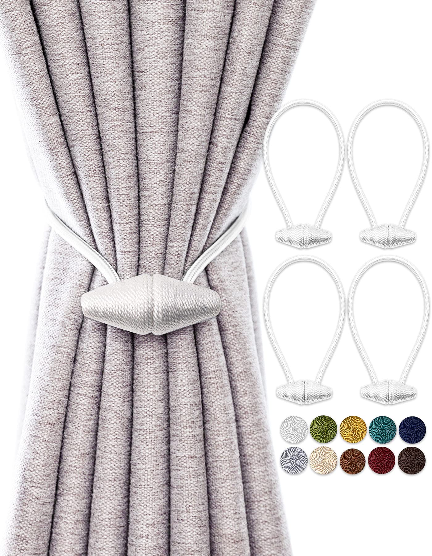 TECVINCI Magnetic Curtain Tiebacks with Upgrade Larger Magnet, 4 Pack 40cm Drapery Holdbacks for Indoor & Outdoor Curtain - White