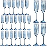 24 Pack Plastic Champagne Flutes Vintage Light Blue Goblet Champagne Glasses Unbreakable Wedding Toasting Glasses Diamond Wine Glasses Crystal Wine Cups Clear Drinking Glasses 5.5 OZ for Bridal Shower