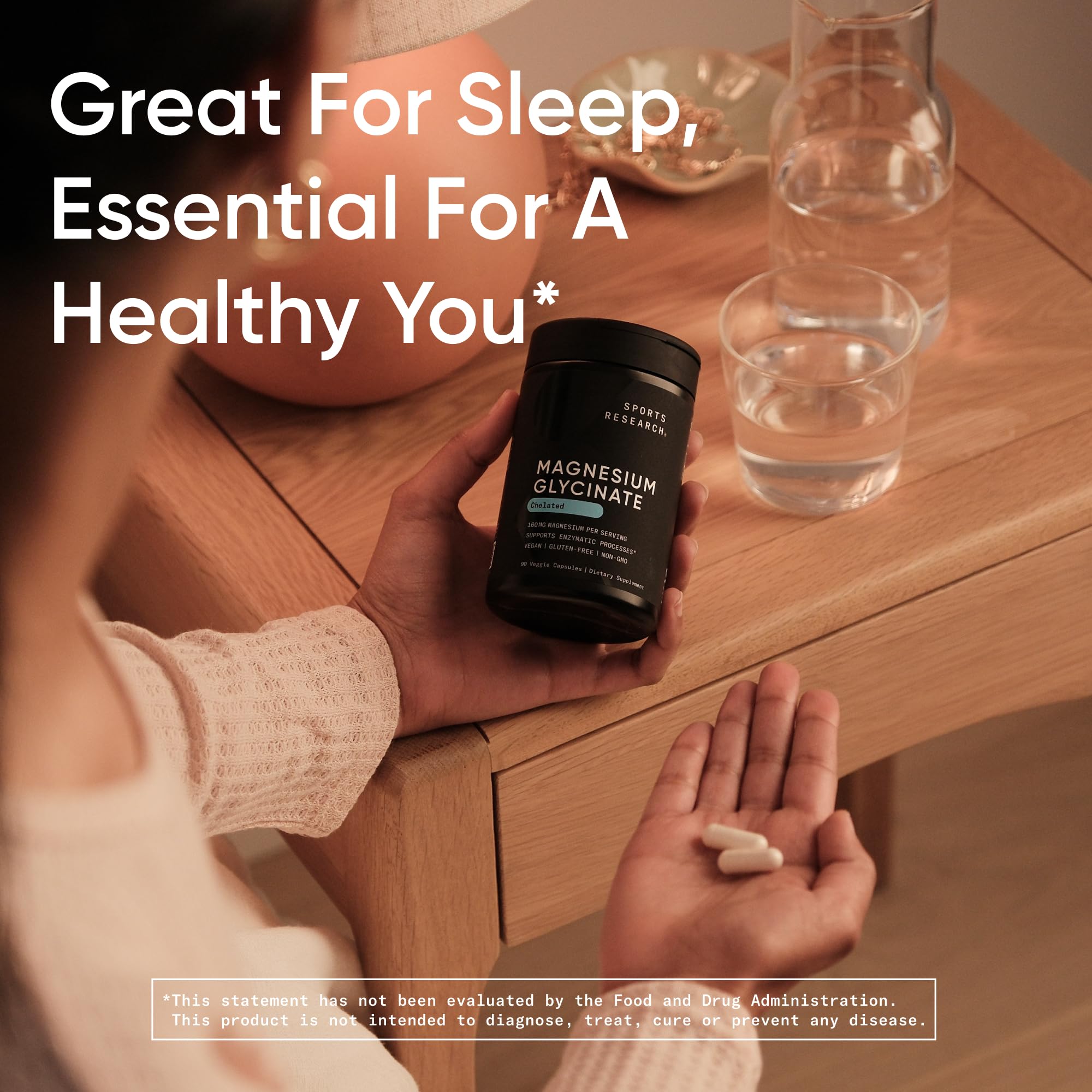 Sports Research Magnesium Glycinate - Supports Restful Sleep & Enzymatic Processes - 160 mg Chelated Magnesium - Vegan Capsule - 90 Count