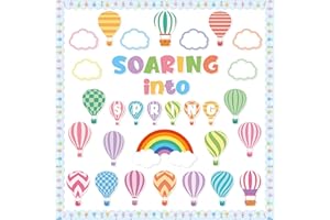 CPicdn 115Pcs Soaring into Spring Bulletin Board Classroom Decorations, Spring Hot Air Balloon Cloud Cutouts Name Tags Borders Trim Happy Spring Party Supplies School Classroom Chalkboard Wall Decor