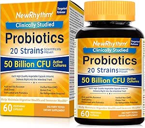 NewRhythm Probiotics 50 Billion CFU 20 Strains, 60 Veggie Capsules, Targeted Release Technology, Stomach Acid Resistant, No Need for Refrigeration, Non-GMO, Gluten Free