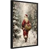 anheqiao Vintage Santa Claus Forest Canvas Wall Art - Rustic Muted Christmas Painting for Living Room Bedroom