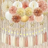 Party Decorations for Women Girls With Happy Birthday Banner Champagne Gold Fringe Curtain Hanging Swirls Butterfly Boho Paper Lanterns Pom Poms Fan Backdrop Decor (Champagne Gold Party Decorations)