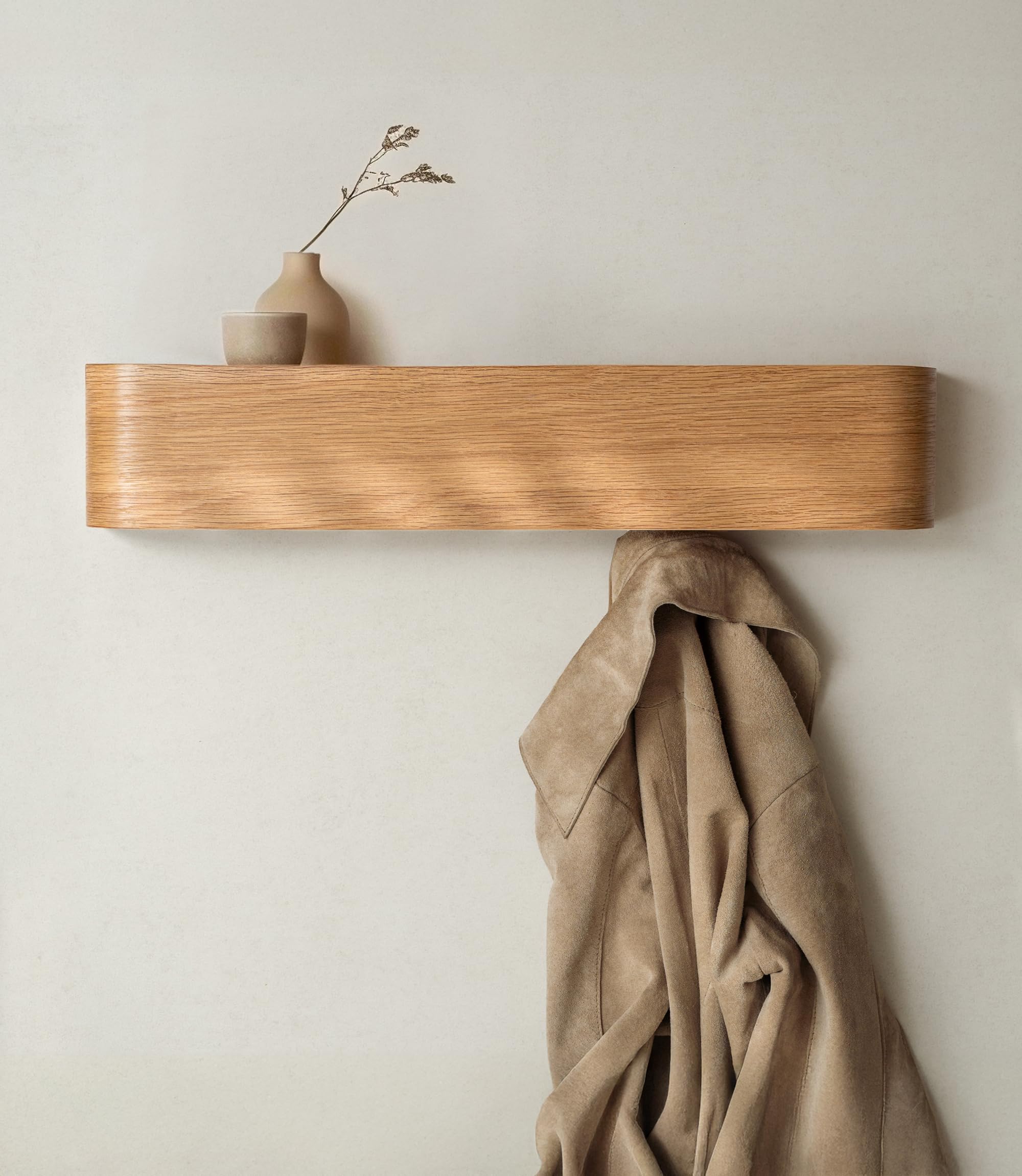 Kazai. Wall-Mounted Coat Rack 'Toke' | Modern Design Coat Rack with Hidden Wall Hooks | Solid Wood Veneer Panel Coat Hanger | Oak
