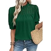 EVALESS Womens Tops Blouses for Women Dressy Casual Waffle Frill Trim Eyelet Embroidery Mock Neck Puff Sleeves Shirts