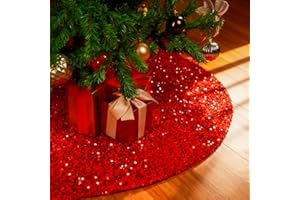 SRKMXZR Christmas Tree Skirt 48 Inch, Red Sequin Christmas Trees Skirt, Large Sparkle Xmas Tree Stand Base Used for Christmas Holiday Indoor Home Decoration