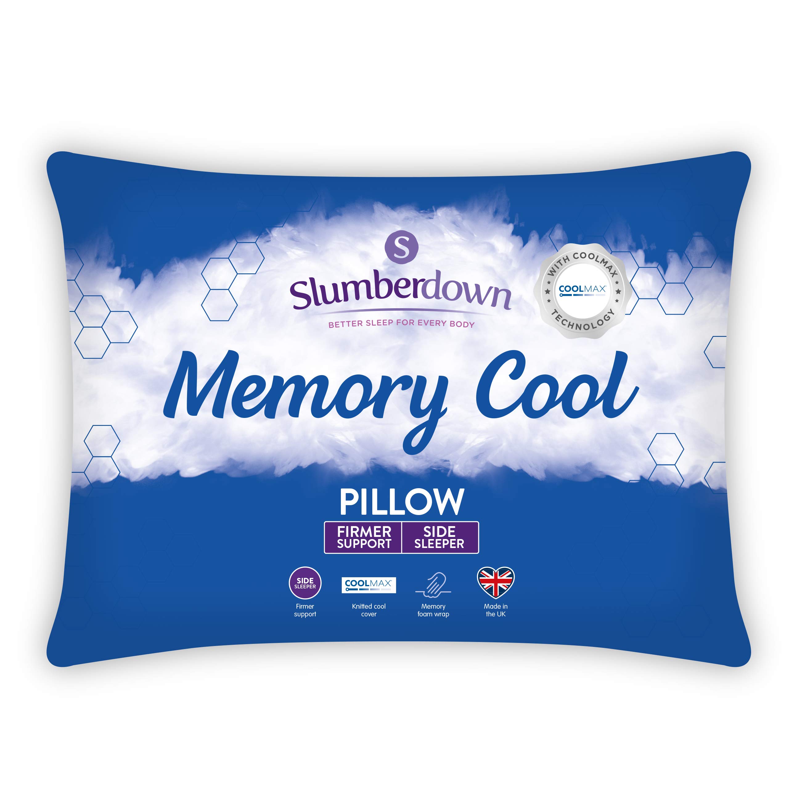 Slumberdown Cool Memory Foam Pillow 1 Pack - Cooling & Supportive Back & Side Sleeper Pillow for Neck and Shoulder Pain Relief | CoolMAX® Knitted Cover, UK-Made, Non-Allergenic, Easy Care (38 x 64cm)