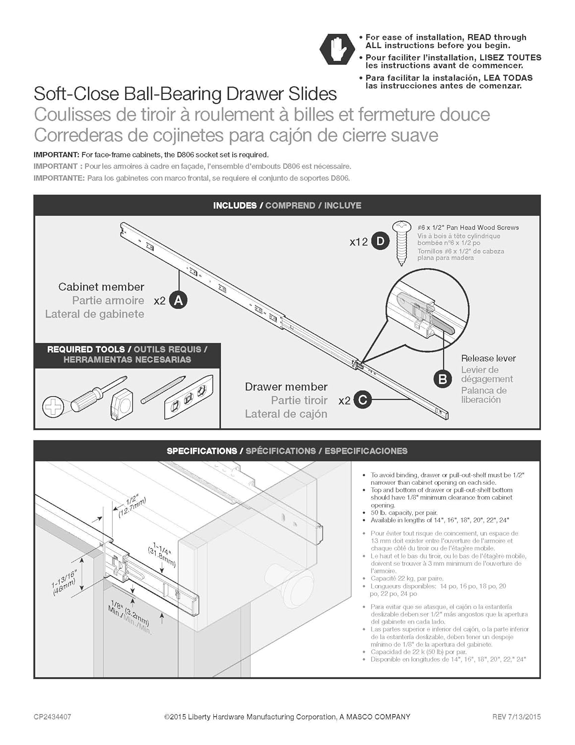 Liberty 941805 Soft Close Ball Bearing Drawer Slide 18 Inch 2