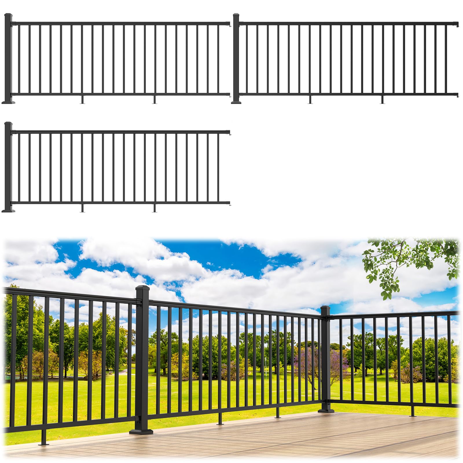 Photo 1 of Egadis 36 in. H x 24 ft. W Porch and Deck Railing Kit, Aluminum Railing Kit, Black Textured AAMA 2604 Powder-Coat Finish Rail System for Outdoor Decks, Porches & Balconies (3 Post, 3 Panel)