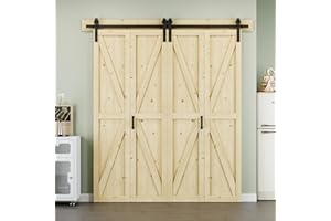 ARK DESIGN 50" x 84" K Shape Spruce Wood Bifold Barn Door with Header Board and Hardware Kit Included, Pre-Assembled Unfinished Solid Panel Bi-fold Barn Door for Pantry, Closet, Laundry