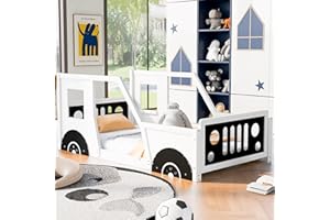 MERITLINE Twin Size Kids Floor Bed with Car-Shaped and Wheels, Wooden Twin Platform Bed Frames with Doors and Windows, Twin Car Bed with Slat Support for Kids Boys Girls, No Box Spring Needed, White