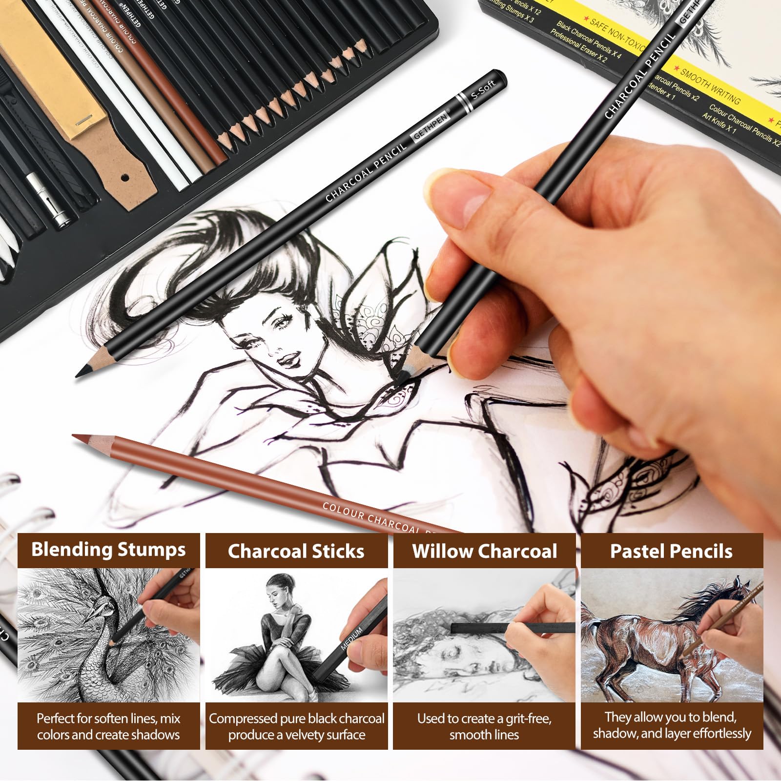 GETHPEN Sketch Pencils for Drawing,34 Pcs,Graphite Pencil (14B-4H), Charcoal Pencil,With Graphite Sticks, Erasers and Sharpener, Art Pencils for Sketching,Artist Set for Beginners and Professionals