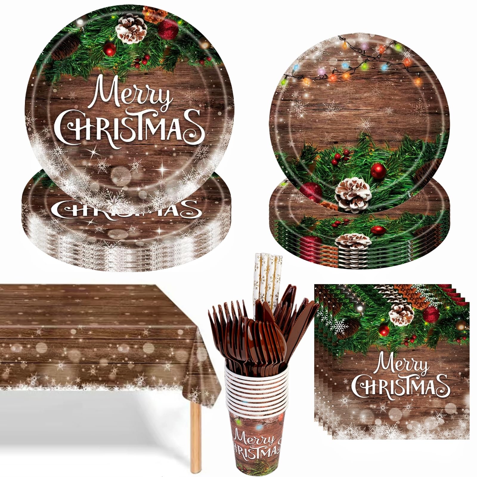 Photo 1 of 105Pcs Christmas Party Supplies Christmas Dinnerware Set Disposable Christmas Paper Plates Cups Napkins Plastic Tablecloth Cutlery Tableware for New Year Christmas Party Decorations, Serves 12 Guests