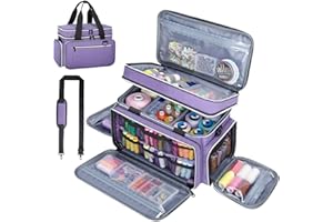 Anitor Large Sewing Supplies Organizer, Double Layer Sewing Storage Organizer with Two Detachable Dividers, Travel Sewing Bag Organizer with Shoulder Strap for Accessories, Purple, (Bag Only)
