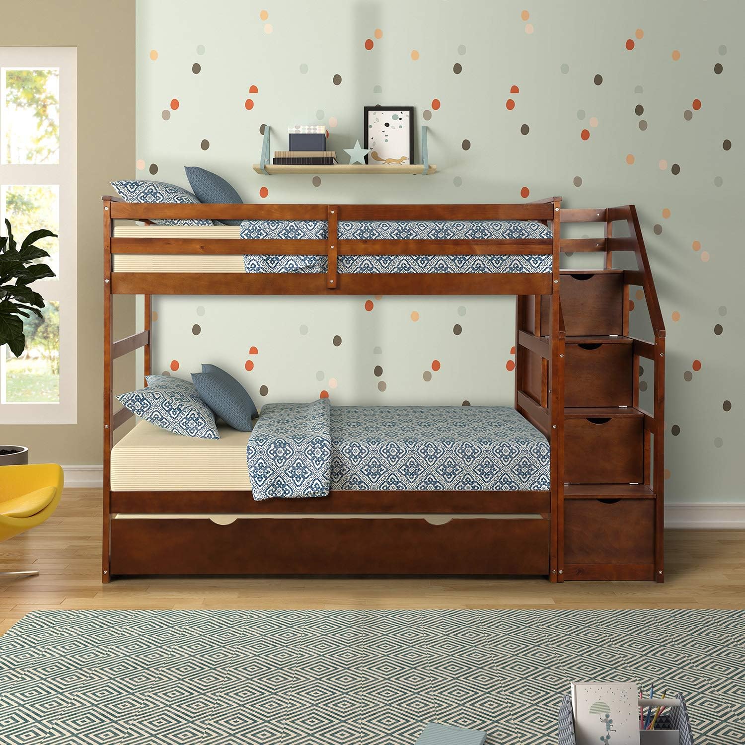 ALI VIRGO Solid Wood, Hardwood Twin Over 2 Bunk Bed Frame with Staircase and 4 Storage Drawers, Walnut