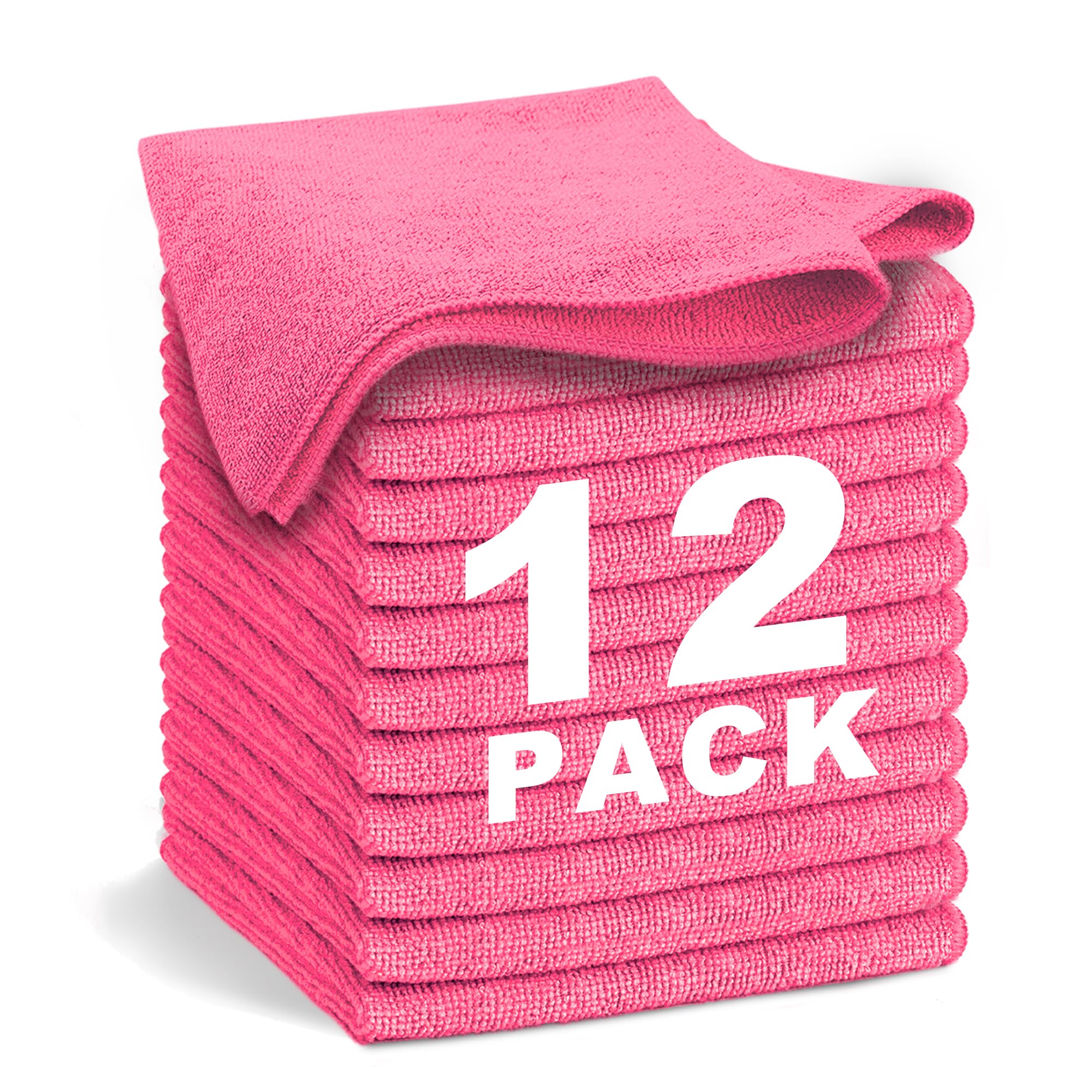 WEAWE Microfibre Cloth - premium 2100 Series 33x33CM Ultra Soft Highly Absorbent cloths, Reusable and No Fading, Lint Free-Machine Wash - Hotpink (Pack of 12)