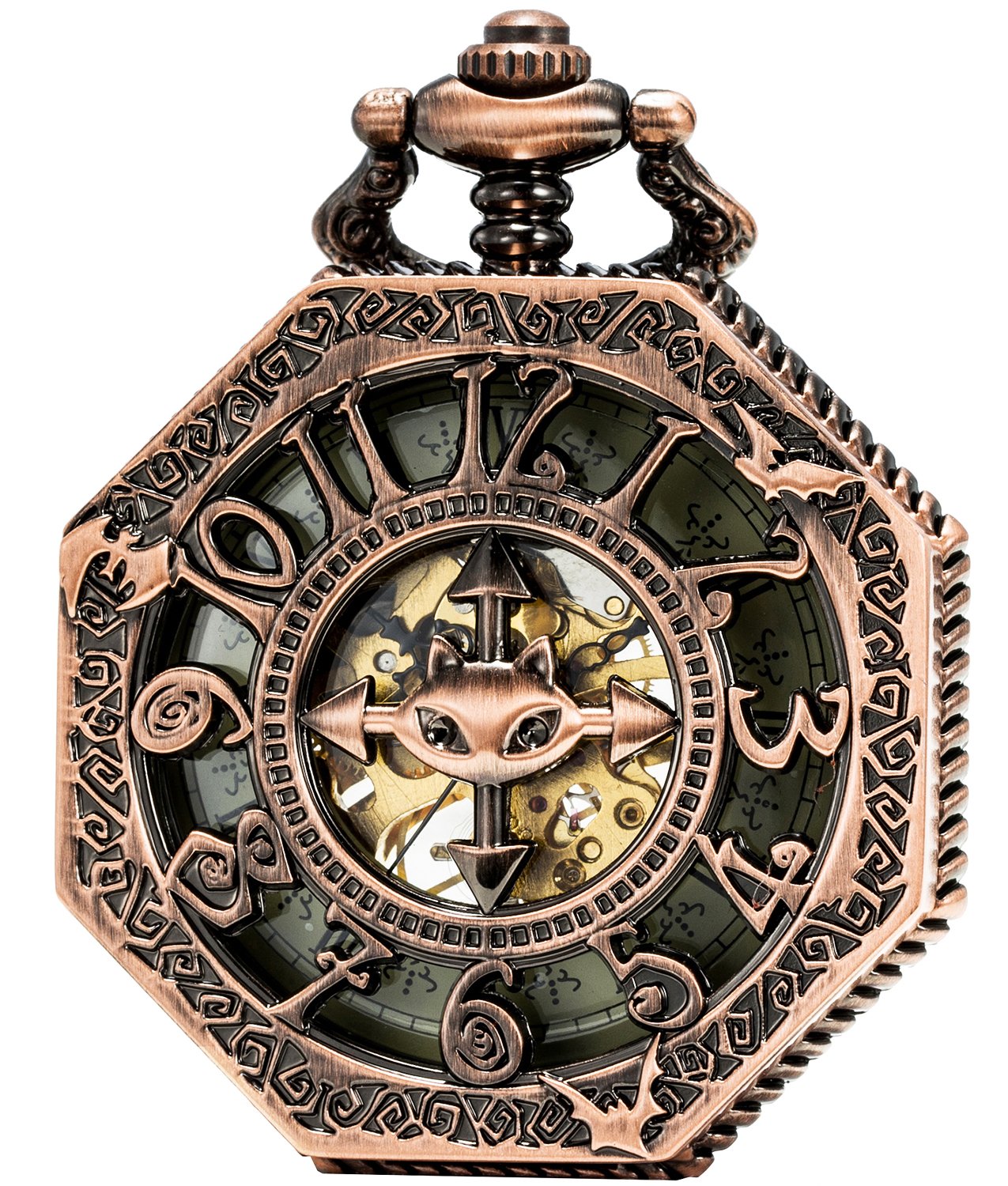 SEWOR Octagon Bat Mechanical Hand Wind Pocket Watch SEW189 (Red Copper)