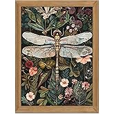 Framed Vintage 3D Textured Wall Art - Dark Green Dragonfly Flowers Wall Decor - Hand Drawn Sandstone Nature Botanical Pictures for Living Room Bedroom Home Decor 12x16in