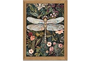 AKWISH Framed Vintage 3D Textured Wall Art - Dark Green Dragonfly Flowers Wall Decor - Hand Drawn Sandstone Nature Botanical Pictures for Living Room Bedroom Home Decor 12x16in
