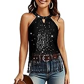 Aupuls Fringe Country Concert Outfits for Women Halter Sequin Tops Sparkly Western Top