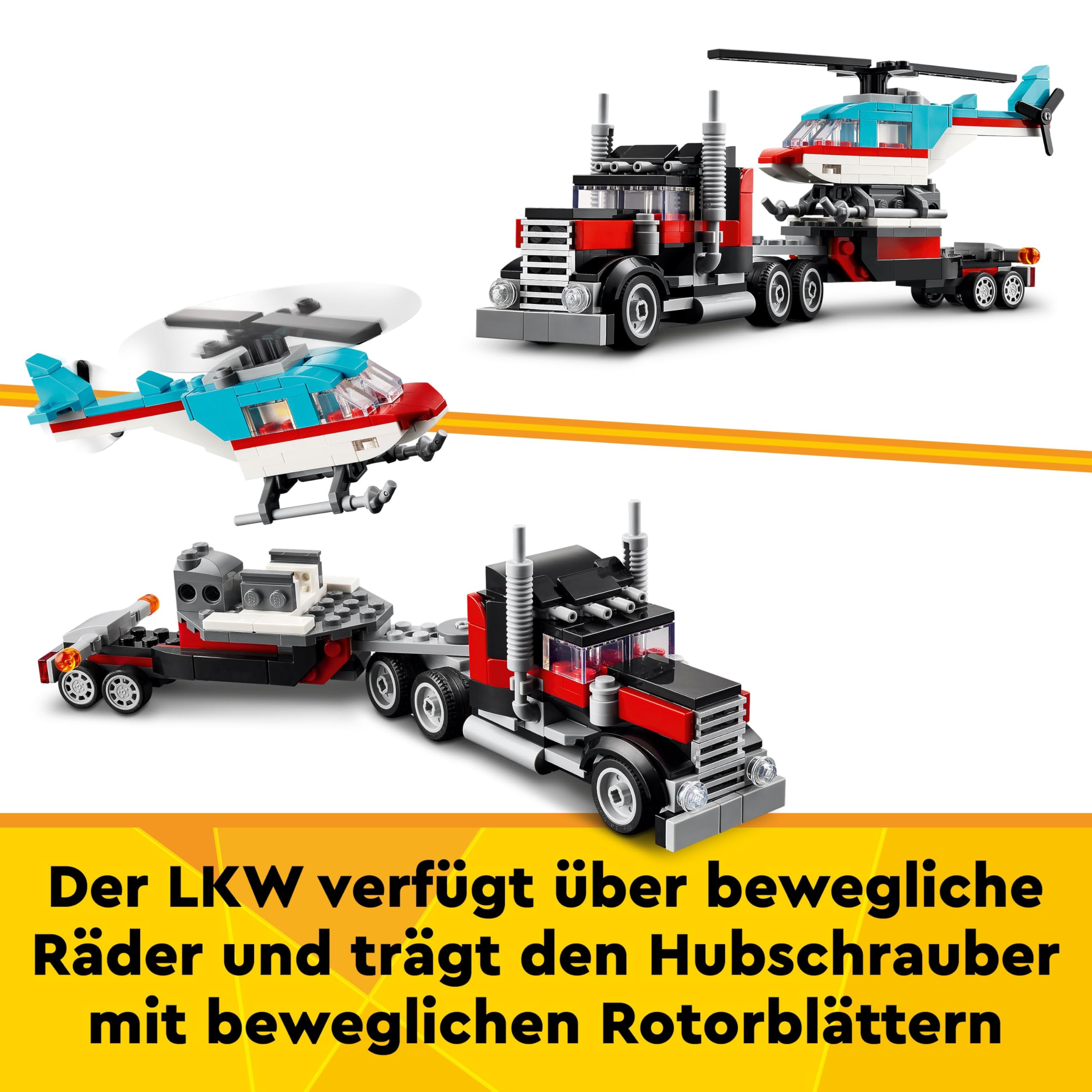 LEGO Creator 3in1 Flatbed Truck with Helicopter Toy to Propeller Plane and Fuel Lorry to Hot Rod and SUV Car Toys for 7 Plus Year Old Boys, Girls and Kids who Love Cool Vehicles, Gift Idea 31146 3