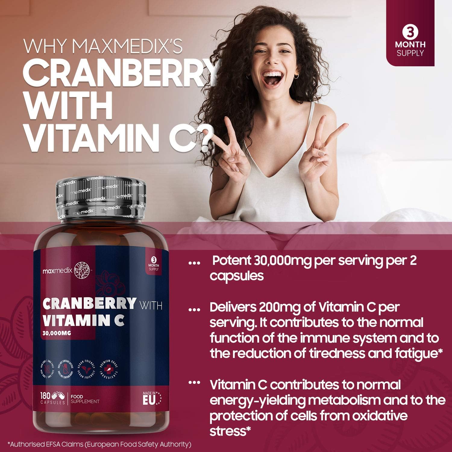 Cranberry Capsules, 180 Capsules, Upto 6 Months Supply, Cranberry Supplements, with Added Vitamin C, Magnesium Stearate-Free - Image 3