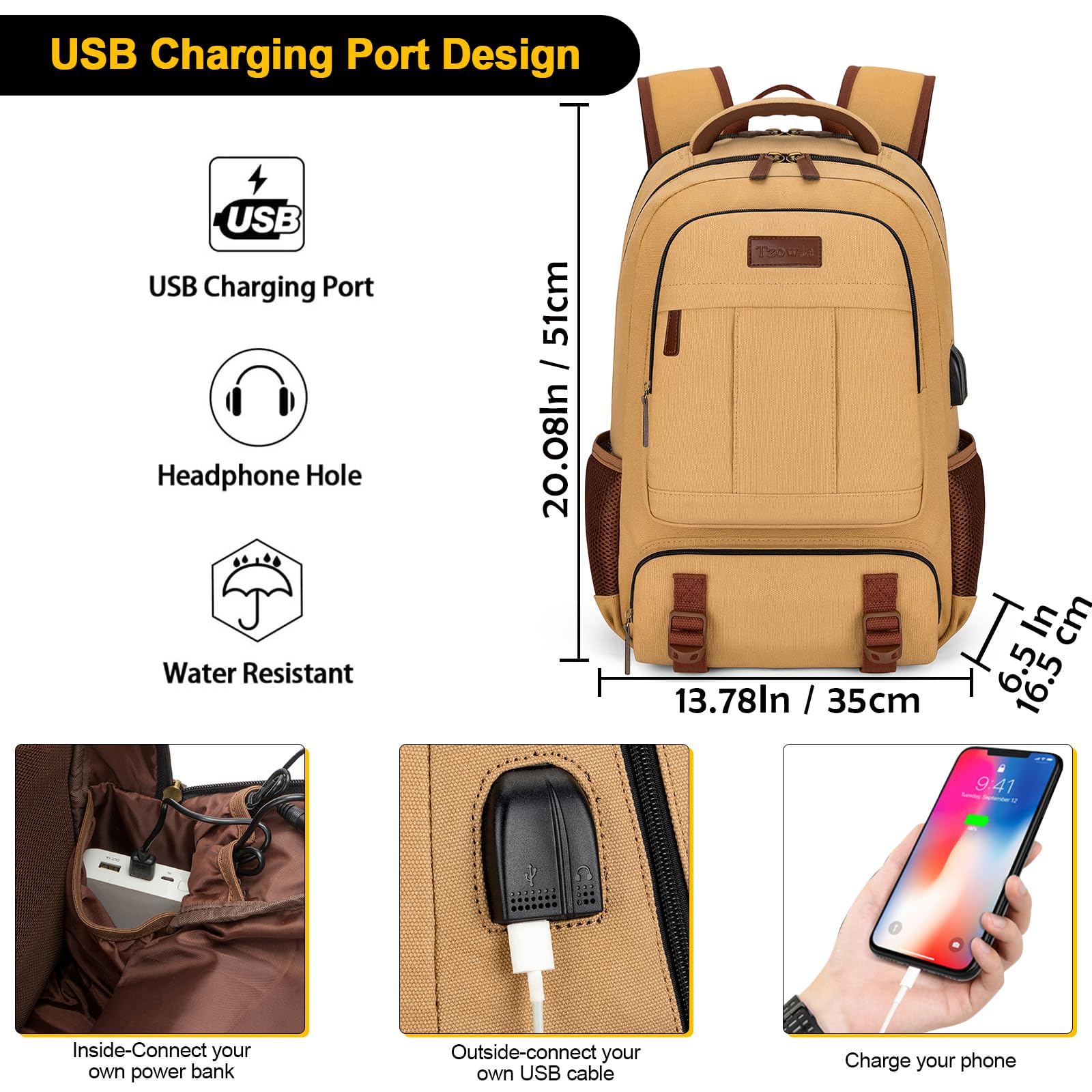 Tzowla Canvas Backpack with USB Charging Port