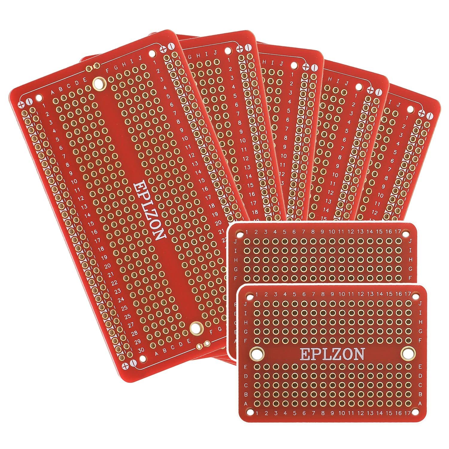 EPLZON Plated PCB Solder-able Breadboard for Electronics Projects Compatible with Arduino Soldering Projects 2.05"x3.5" (5 Pack + 2 Mini Board,red)