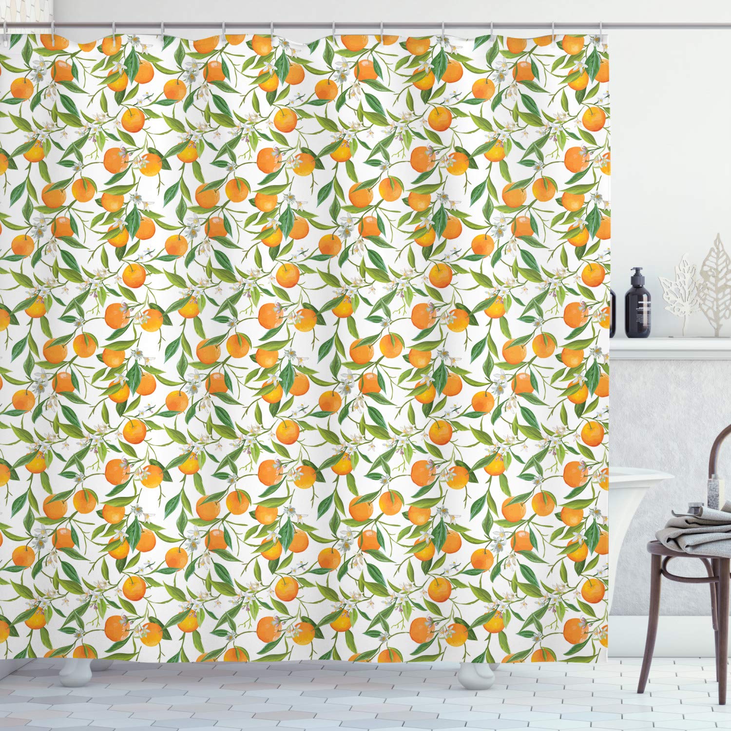 ABAKUHAUS Green and Orange Shower Curtain, Orange Branches with Flowers and Leaf Pattern Exotic Fruits, Cloth Fabric Bathroom Decor Set with Hooks, 78 Inches, Fern Green Orange Yellow