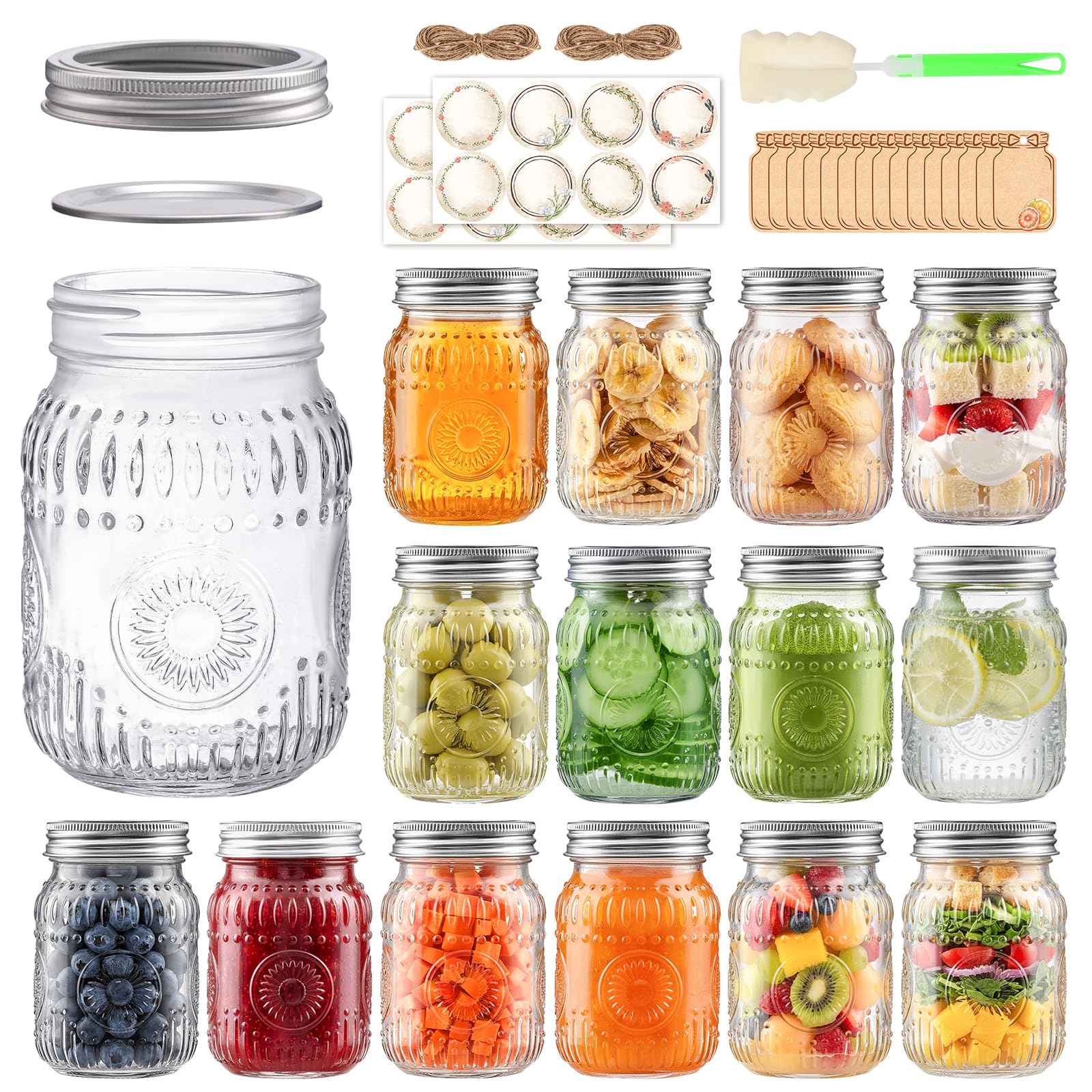 Photo 1 of 16oz Glass Mason Jars with Embossed Pattern, 15-Pack Pint Canning Jars with Airtight Lids for Fermenting,Overnight Oats,Pickling,Preserving,Ideal for Centerpieces,DIY Crafts,or Wedding Favors