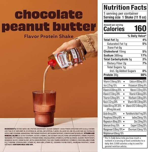 PREMIER PROTEIN SHAKE, CHOCOLATE PEANUT BUTTER, 30G PROTEIN, NO ADDED SUGAR, 24 VITAMINS & MINERALS TO SUPPORT IMMUNE HEALTH, 11 FL OZ, 12 PACK