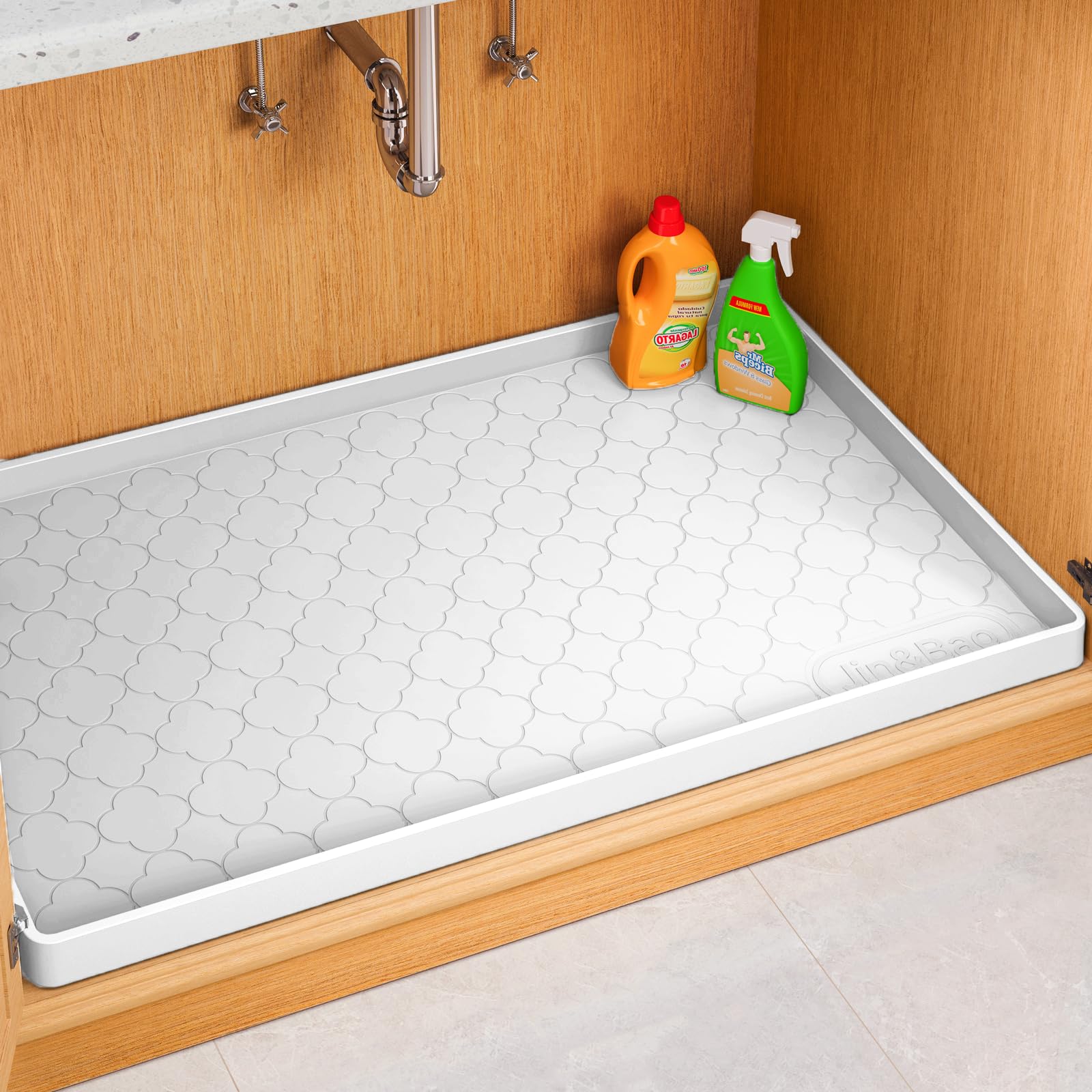 Jin&Bao Waterproof Under Sink Mat 31" x 22", Thick Silicone Mat Cabinet Protector for Kitchen and Bathroom, Shelf Liner, Home Organizer and Storage, Multipurpose Tray for Gadgets and Essentials Image
