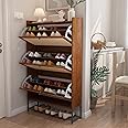 AVZEAR Narrow Shoe Storage Cabinet with 3 Flip Drawers, Freestanding Wooden Closed Shoe Rack, Slim Cabinet Storage for Entryway, Hallway, Living Room (Walnut)