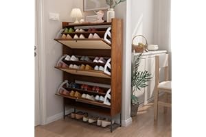 RUSTYER Narrow Shoe Storage Cabinet with 3 Flip Drawers, Freestanding Shoe Organizer Slim Shoe Cabinet Storage, Wooden Closed Shoe Rack for Entryway, Hallway, Living Room, Walnut
