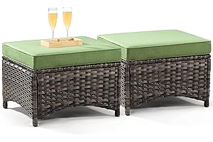Joyside Outdoor Ottomans for Patio Set of 2 PE Wicker Steel Frame Outdoor Footstool with Removable Olefin Cushions for Garden, Patio, Backyard and Deck, Green
