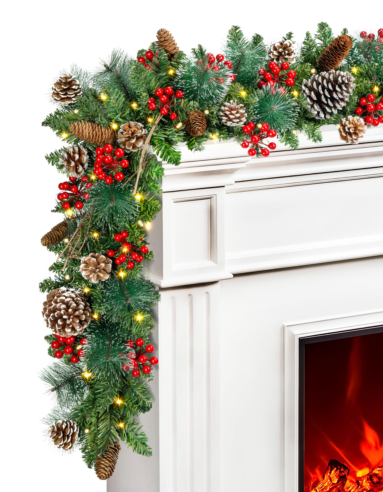 Photo 1 of 9 FT Prelit Christmas Garland with 100 Colorful LED Lights, 8 Modes 3AA Battery Operated Garland with Timing Function for Home Stairs Fireplace Front Porch Door Display Indoor Christmas Decoration
