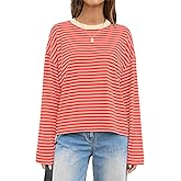 LOMON Striped Long Sleeve Shirt Women Y2k Oversized Crewneck Fall Spring Drop Shoulder Vintage Tops Teen Girl Clothes