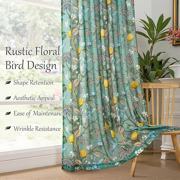 LINEN PINCH PLEATED FLORAL SHEER CURTAINS FOR BEDROOM VINTAGE FARMHOUSE LIGHT FILTERING PRIVACY SEMI SHEER CUTE LEMON HUMMINGBIRD CURTAIN FOR KIDS NURSERY LIVING ROOM 96 INCHES LONG 2 PANELS GREEN