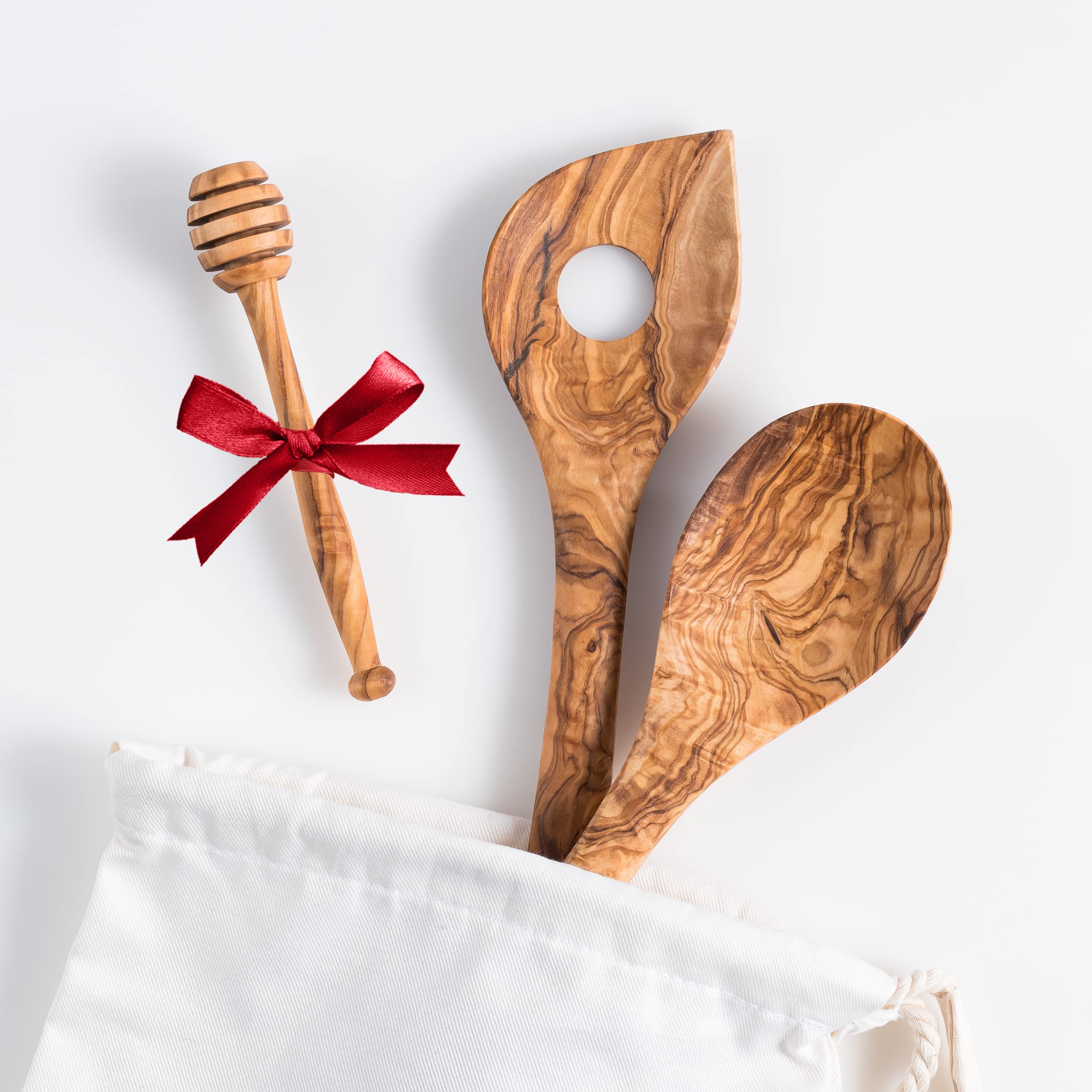 Darido Olive Wood Cooking Spoons Set of 2 with Extra Honey Stirrer, Approx. 30 cm, Handmade, Heat Resistant and Scratch-Resistant, Kitchen Utensils, Wooden Spoon, Risotto Spoon and Honey Stirrer