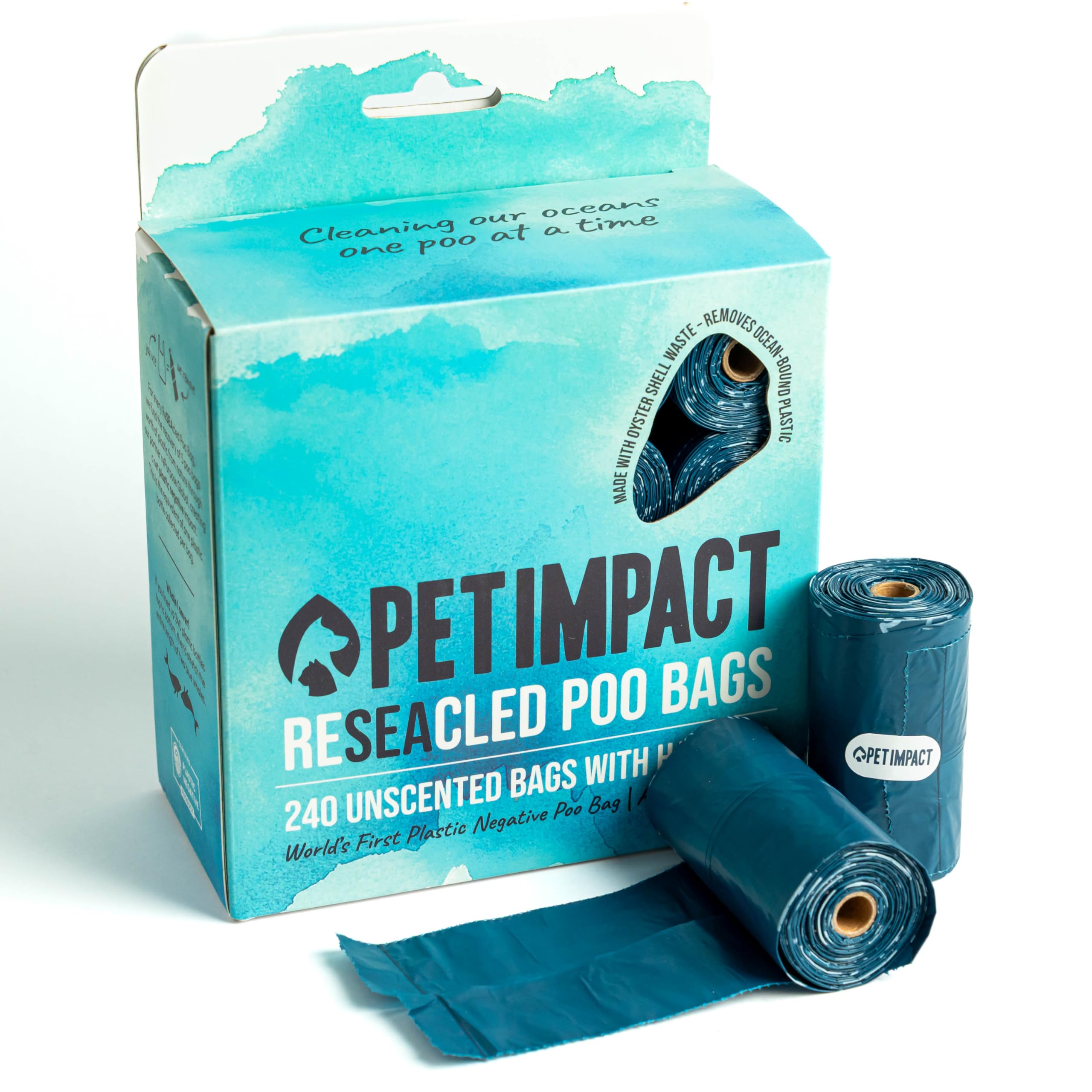 ReSEAcled Dog Poo Bags, Truly Eco Friendly Sustainable Dog Poop Waste Bags with Handles made of Recycled Plastic and Oyster Shell Waste (16 rolls, 240 bags)