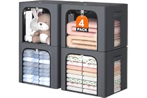 EPICTOTES 4 Pack Clothes Storage Bins with Metal Frame, 40L Foldable Fabric Storage Boxes with Clear Window, Front & Top Zipper Openings, Stackable Organizer Bins with Handles for Closet & Bedroom (Light Grey)