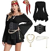 DARFULA Pirate Costume Women Dress White Pirate Dress with Corset Necklace Bandana Headscarf Accessories