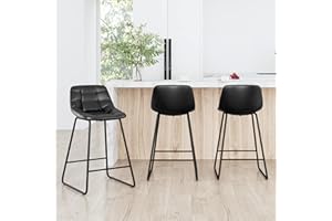 LUE BONA Upholstered Checkered Pattern Bar Stools Set of 3, Faux Leather 24 Inch Counter Height Bar Chairs with Metal Legs for Kithchen Island, Black