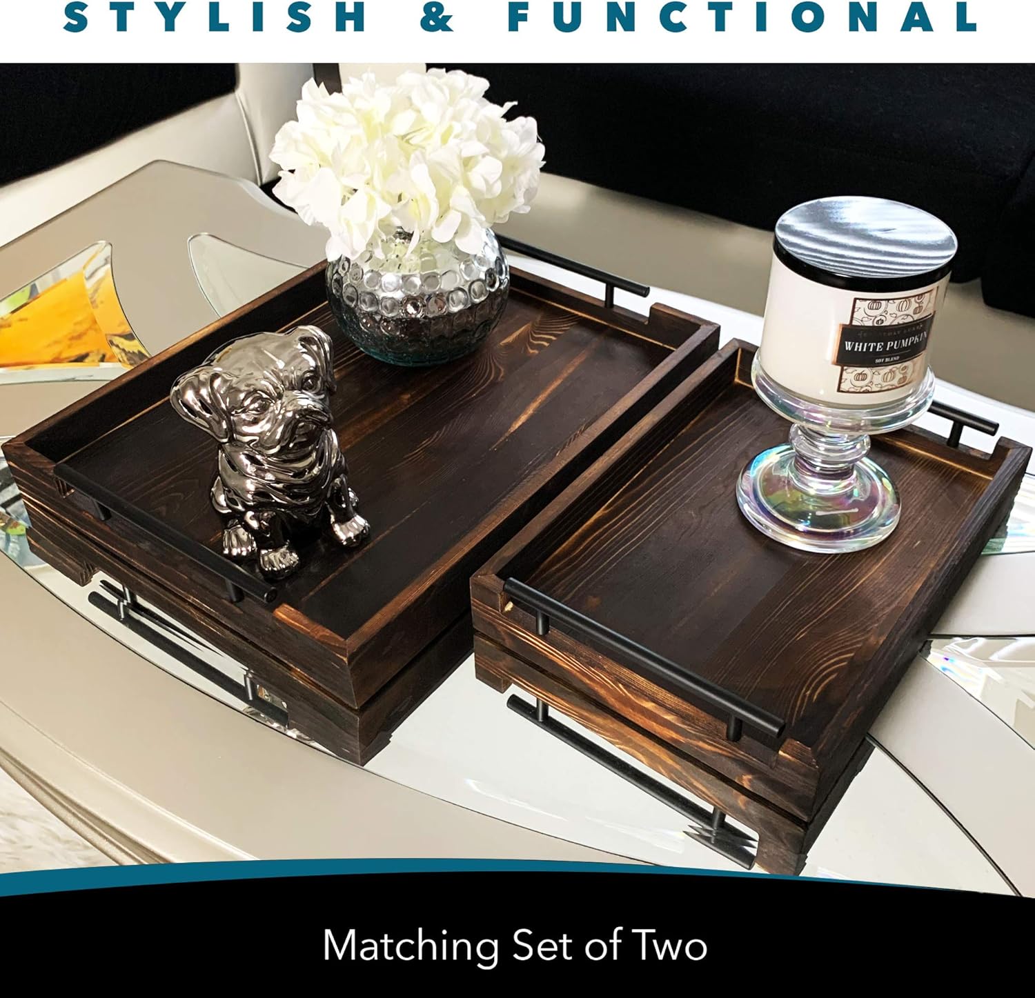  | Serving Tray Set of 2 by East World (Large 17"x13" and Medium 13"x9", Torched Light Black): Serving Trays